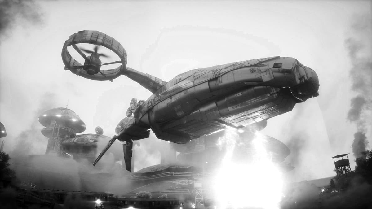 Battleship leaving the scene of a ground battle.