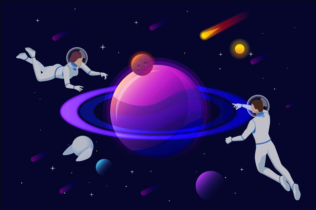 Illustration of two astronauts space walking with Saturn in background.