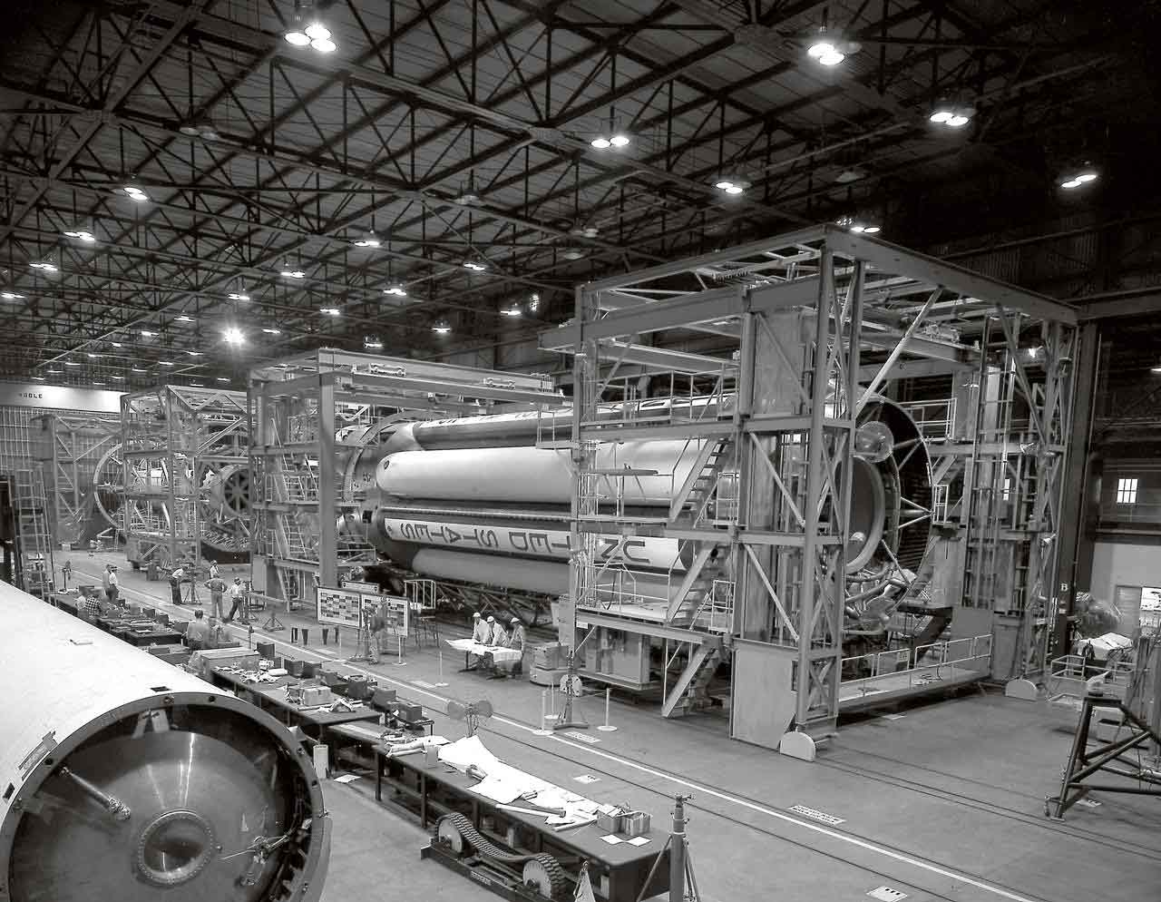 NASA rocket assembly with fuel tanks in the 1960s