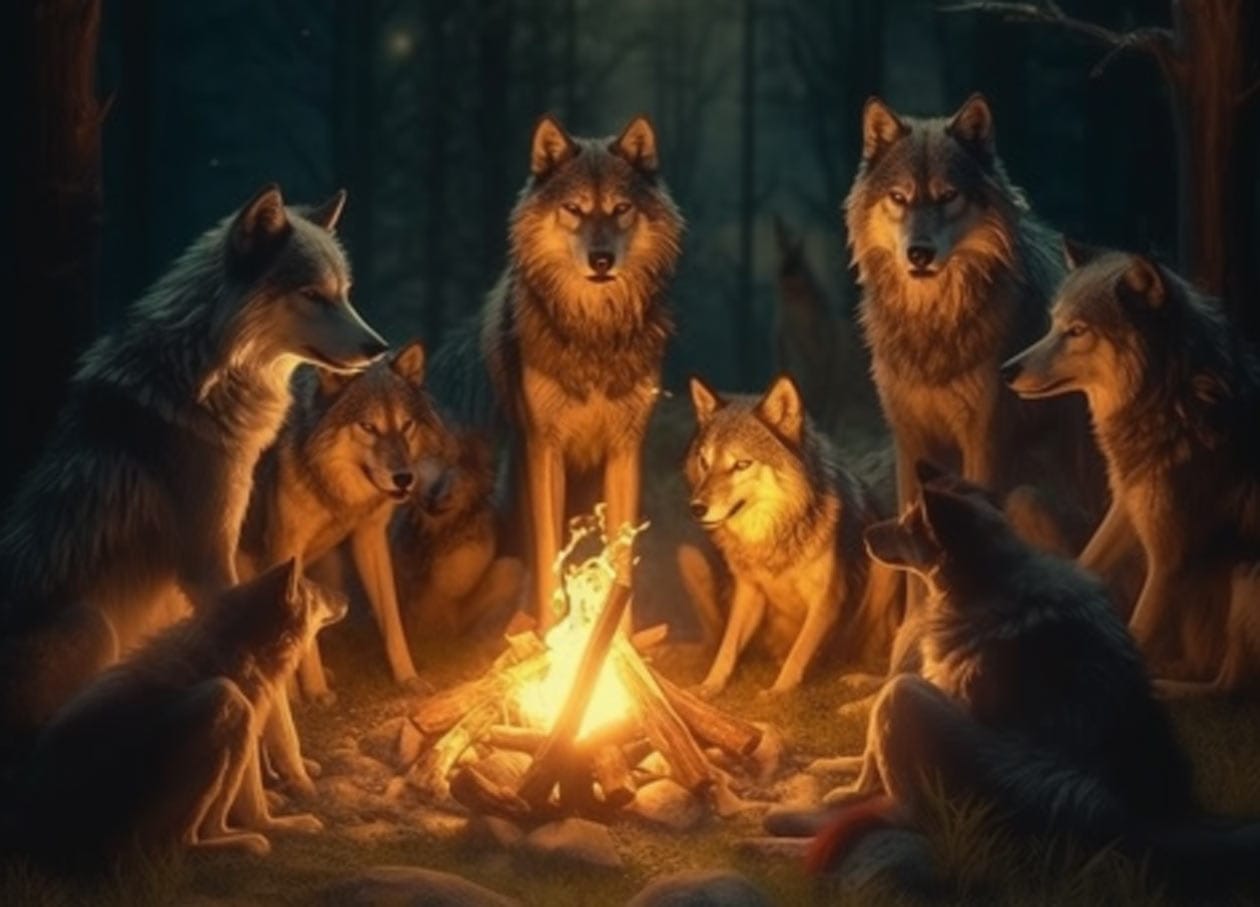 Illustration of wolves around a bonfire